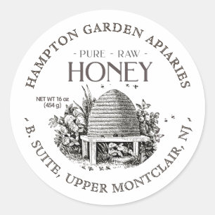 Sticker Rond Garden Skep avec petites abeilles Miel Jar Étiquet