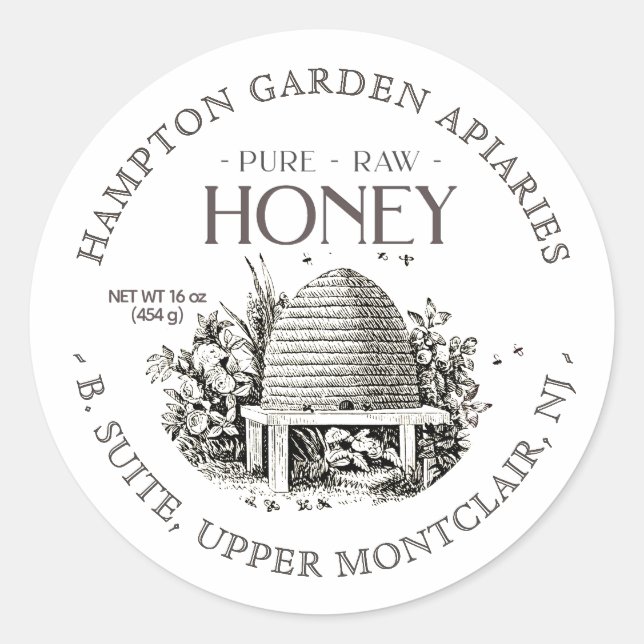 Sticker Rond Garden Skep avec petites abeilles Miel Jar Étiquet (Devant)