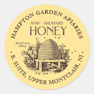 Sticker Rond Garden Skep avec petites abeilles Miel Jar Étiquet