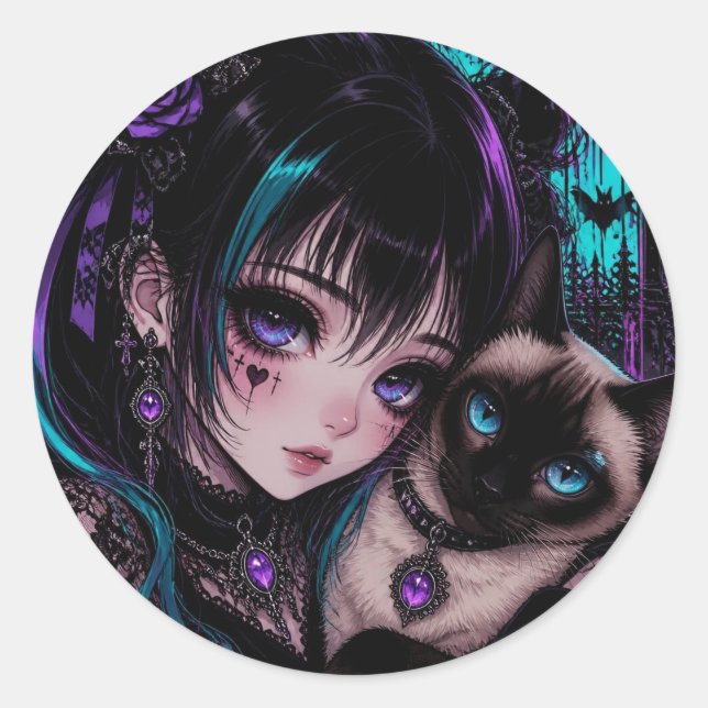 Sticker Rond Garder le contact | Fille Anime & Chat (Devant)