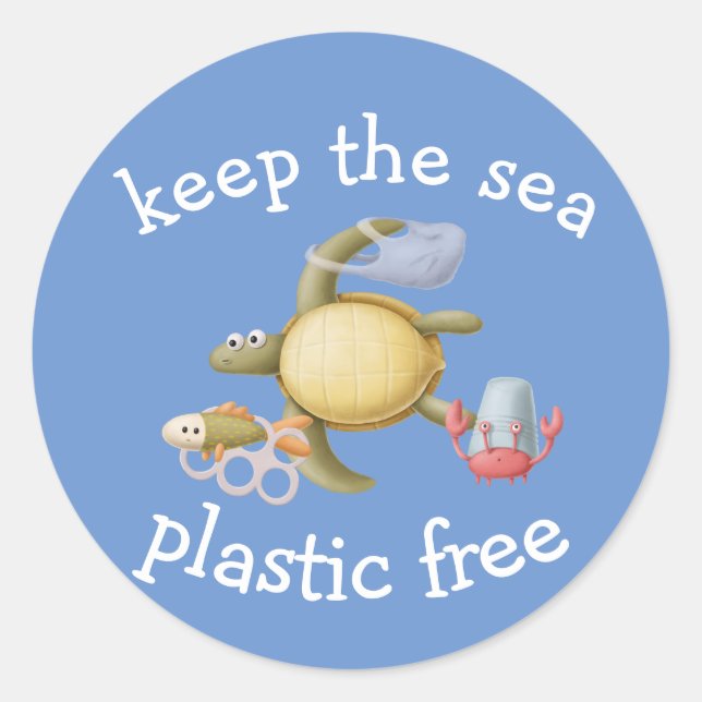 Sticker Rond Garder les océans sans plastique Tortue Crabe (Devant)