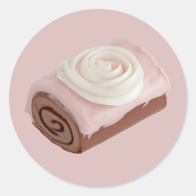 Sticker Rond Gâteau à rouleaux de chocolat avec glaçage rose (Devant)
