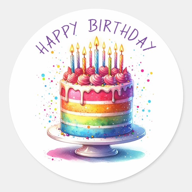 Sticker Rond Gâteau Arc-en-ciel Joyeux Anniversaire (Devant)