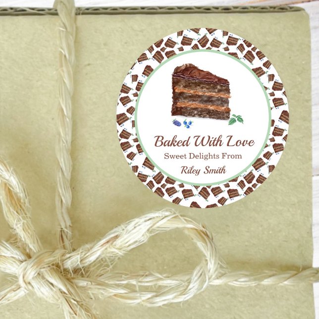 Sticker Rond Gâteau au Chocolat Aquarelle 'Cuisiné Avec Amour'  (Créateur téléchargé)