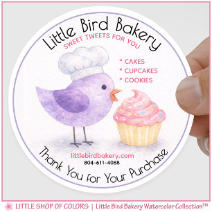 Sticker Rond Gâteau au Cupcake à l'aquarelle Little Bird Bakery