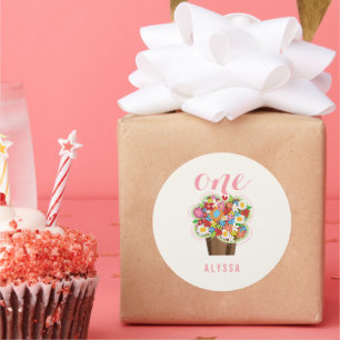 Sticker Rond Gâteau Cupcake Fille Fleurs Printanières Colorées 