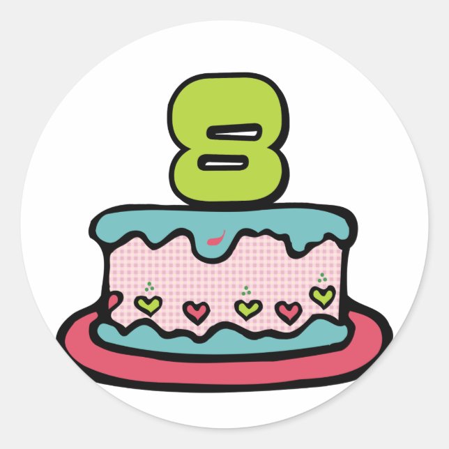 Sticker Rond Gâteau d'anniversaire de 8 ans (Devant)