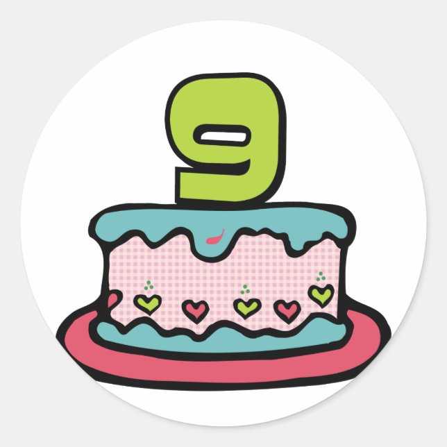 Sticker Rond Gâteau d'anniversaire de 9 ans (Devant)