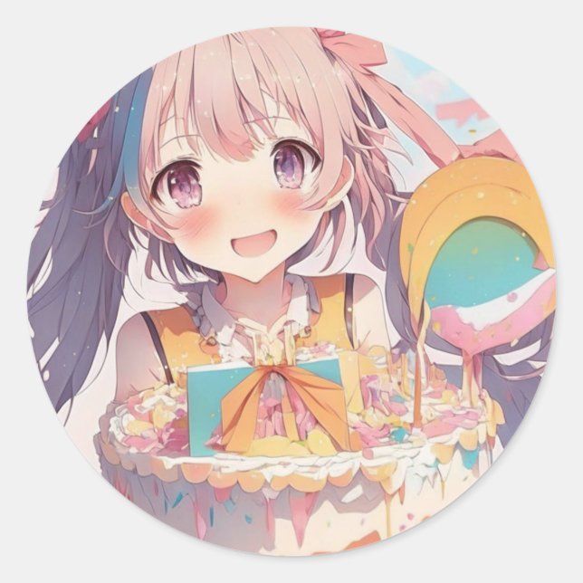 Sticker Rond Gâteau d'anniversaire de la fille Anime (Devant)