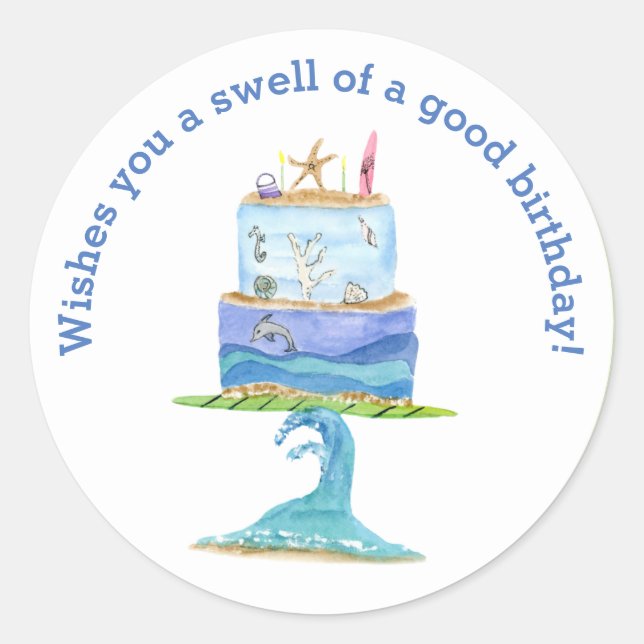 Sticker Rond Gâteau d'anniversaire en planche de surf aquarelle (Devant)