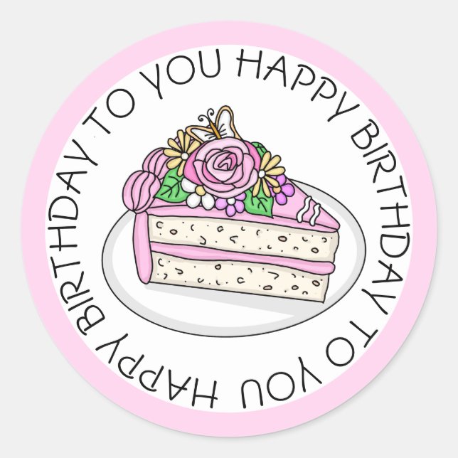 Sticker Rond Gâteau d'anniversaire garni de roses et de fleurs  (Devant)