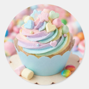 Sticker Rond Gâteau d'anniversaire pastel arc-en-ciel Marshmall