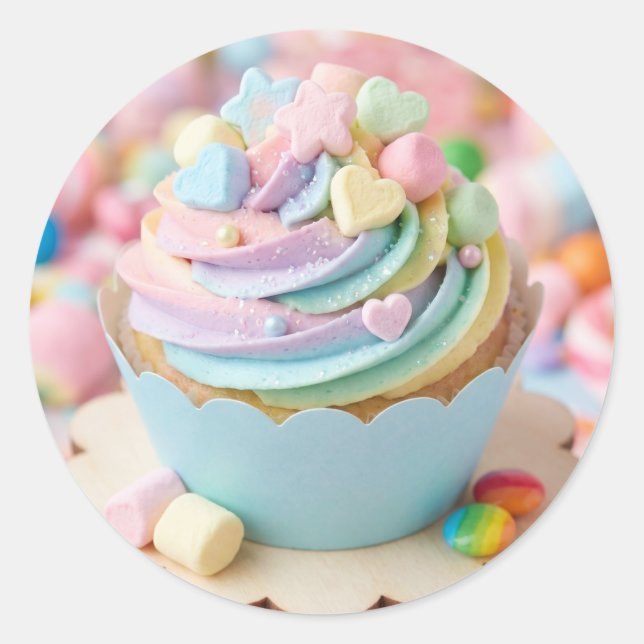 Sticker Rond Gâteau d'anniversaire pastel arc-en-ciel Marshmall (Devant)