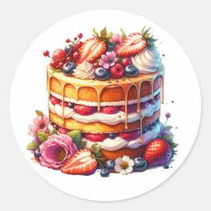 Sticker Rond Gâteau d'anniversaire plein de baies et de fleurs