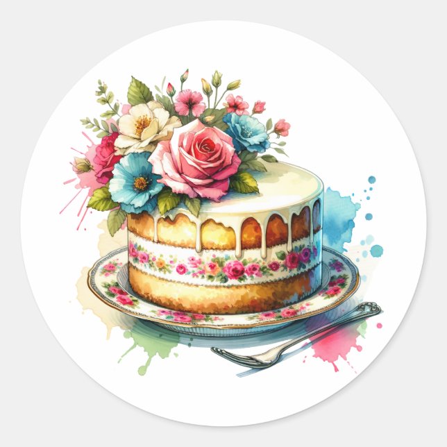 Sticker Rond Gâteau d'anniversaire Shabby Chic Floral (Devant)