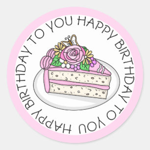 Sticker Rond Gâteau d'anniversaire surmonté de Roses et de fleu