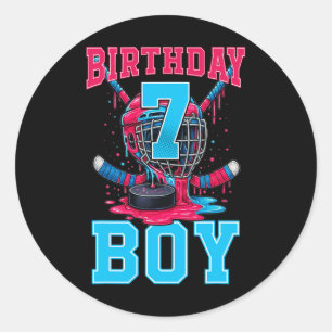 Sticker Rond Gâteau de 7e anniversaire de garçon de hockey crèm