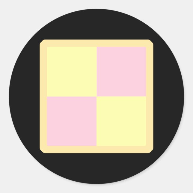 Sticker Rond Gâteau de Battenburg. Rose et Jaune. (Devant)