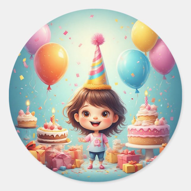 Sticker Rond Gâteau de fille d'anniversaire Célébration avec gâ (Devant)
