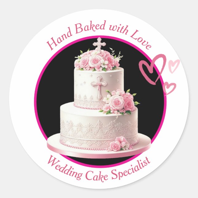 Sticker Rond Gâteau de Mariage Fait à la Main avec Amour (Devant)