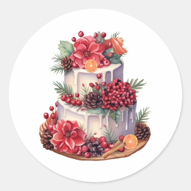 Sticker Rond Gâteau de Noël aquarelle aux fleurs, baies (Devant)