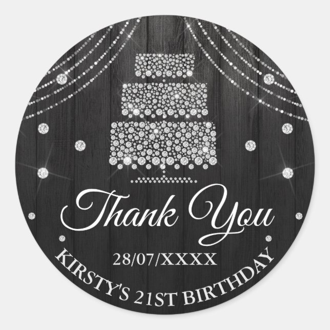 Sticker Rond Gâteau en diamant noir argent Anniversaire (Devant)