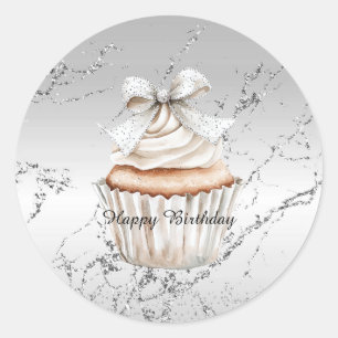 Sticker Rond Gâteau Glamour Argent Blanc Anniversaire