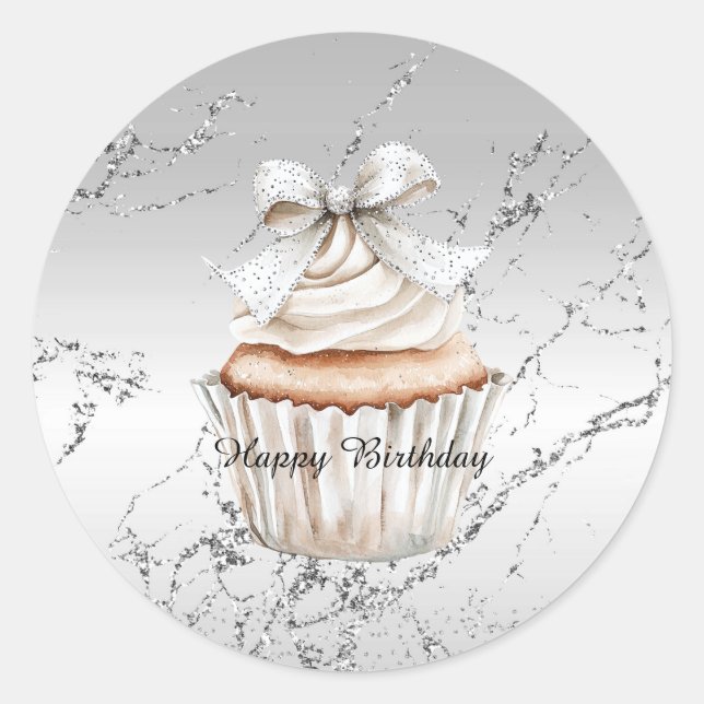 Sticker Rond Gâteau Glamour Argent Blanc Anniversaire (Devant)