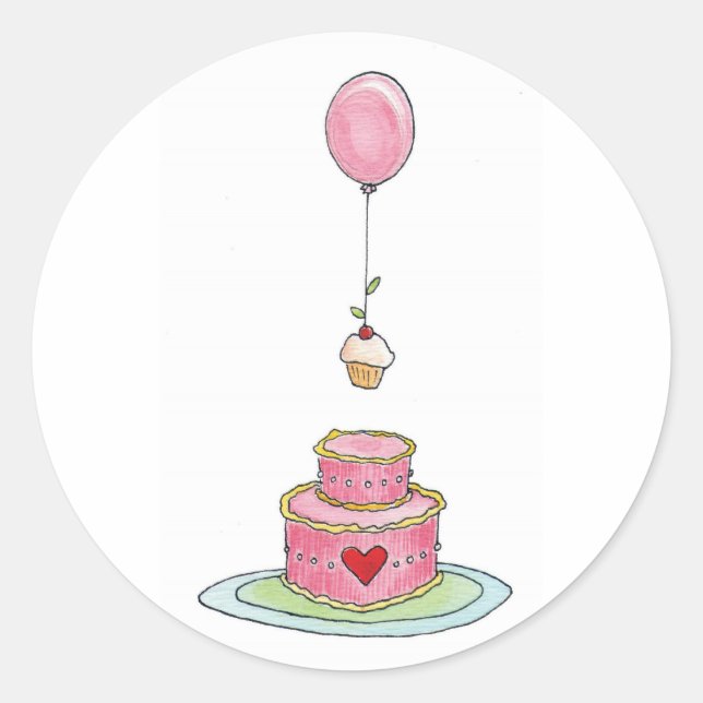 Sticker Rond Gâteau rose avec ballons et cupcake (Devant)