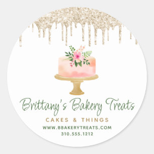 Sticker Rond Gâteau rose blush de boulangerie paillettes dorées