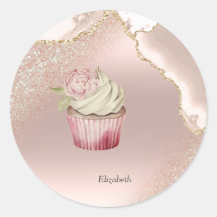 Sticker Rond Gâteau rose chic doré pailleté marbré
