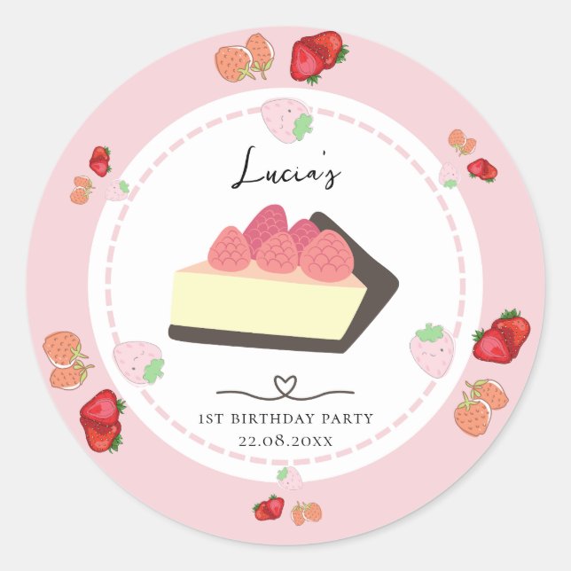 Sticker Rond Gâteau Rose Clair et Fête de Premier Anniversaire  (Devant)