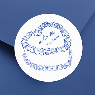 Sticker Rond Gâteau Vintage Dessiné à la Main Bleu Mariage Fant