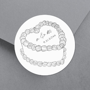 Sticker Rond Gâteau Vintage Dessiné à la Main Mariage Fantaisis