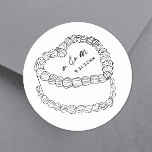 Sticker Rond Gâteau Vintage Dessiné à la Main Mariage Fantaisis