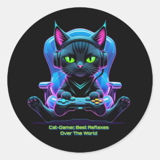 Sticker Rond Gato gamer futurista con joystick y actitud felina
