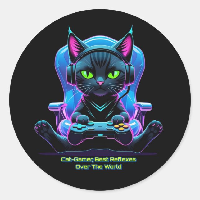 Sticker Rond Gato gamer futurista con joystick y actitud felina (Devant)