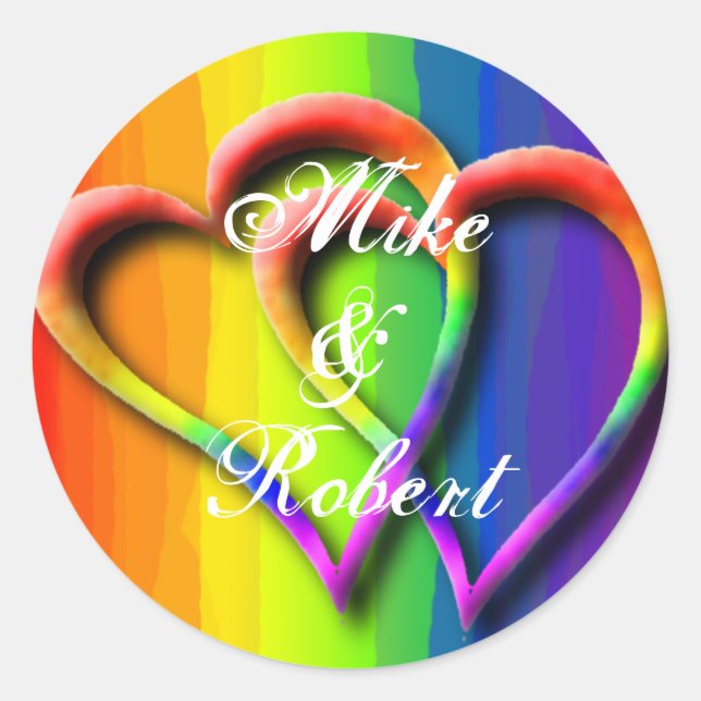 Sticker Rond Gay Coeurs Mariages LGBT Personnalisé Noms (Devant)