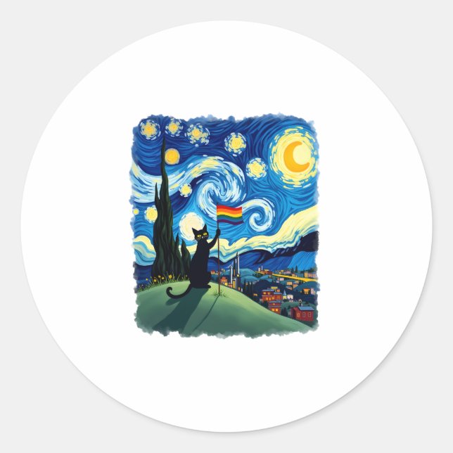Sticker Rond Gay Pride Cat Art Cat Starry Night Style LGBTQ Pri (Devant)