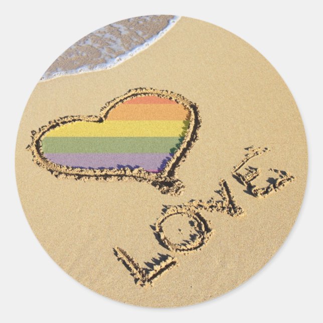 Sticker Rond Gay Rainbow Amour Coeur Dans Le Sable (Devant)