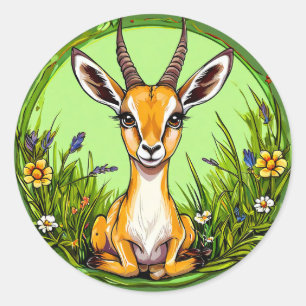 Sticker Rond Gazelle dans une Prairie Fleurie Cadeau pour Amour
