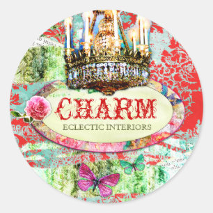 Sticker Rond GC   Charme Vintage Shabby - Rouge Turquiose Damas