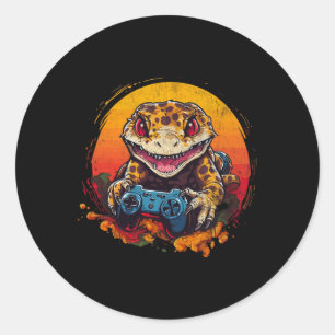 Sticker Rond Gecko léopard jouant à un jeu vidéo lézard et rept