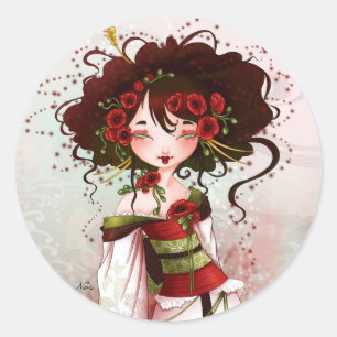 Sticker Rond Geisha coquelicot