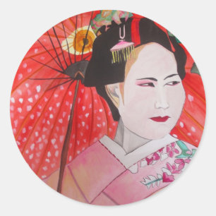 Sticker Rond Geisha japonais avec parapluie rouge art original
