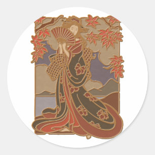 Sticker Rond Geisha japonais en Kimono Asiatique Bambou Art