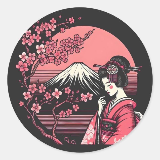 Sticker Rond Geisha japonais Mont Fuji Cerry Blossom Trees (Devant)
