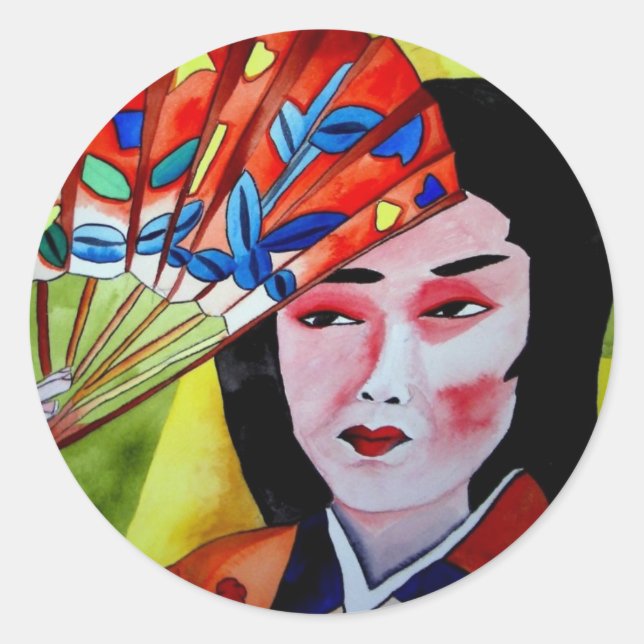 Sticker Rond geisha japonaise avec ventilateur aquarelle art or (Devant)