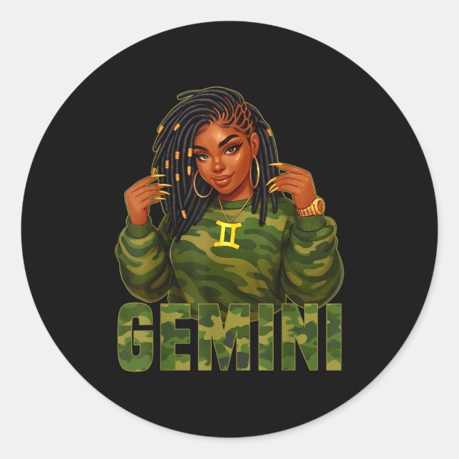 Sticker Rond Gemini Queen Loc'd Black Woman Camo Zodiac Sign  (Devant)