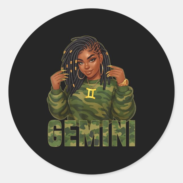 Sticker Rond Gemini Queen Loc'd Black Woman Camo Zodiac Sign  (Devant)